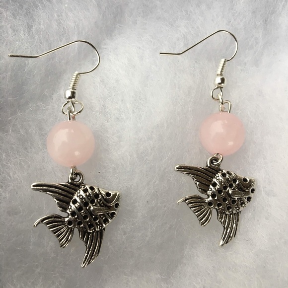 Pink Rose Quartz Angelfish Dangle Earrings - Picture 2 of 8